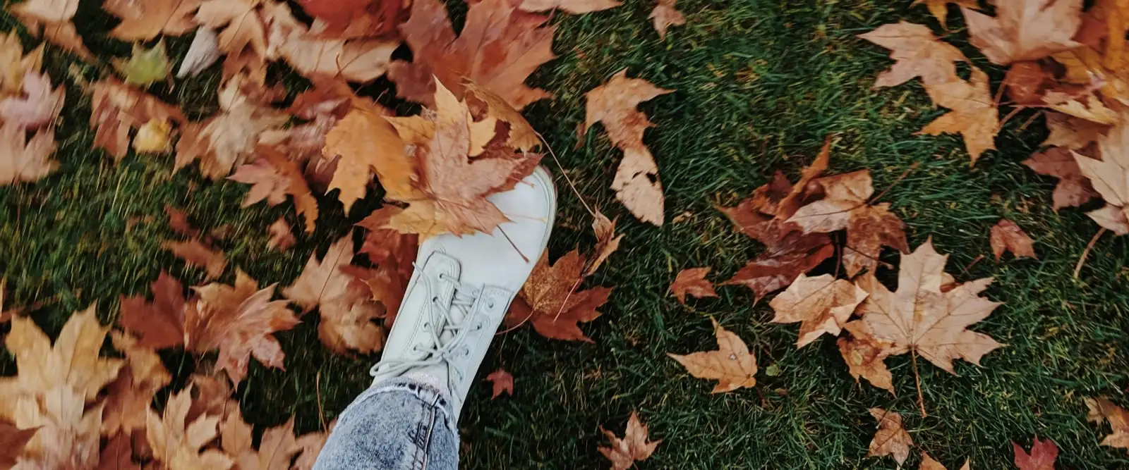 Looking down at a pair of cream boots standing on grass covered in orange and red maple leaves.